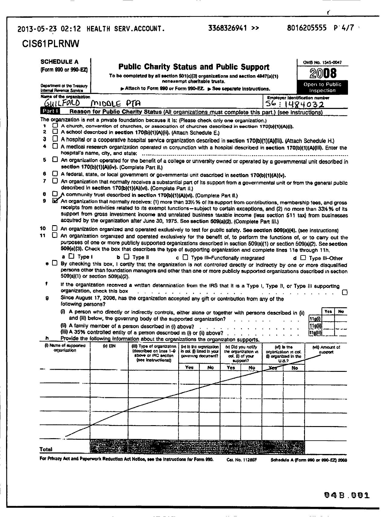 Image of first page of 2008 Form 990ER for North Carolina PTA - Western Guilford Middle School PTA