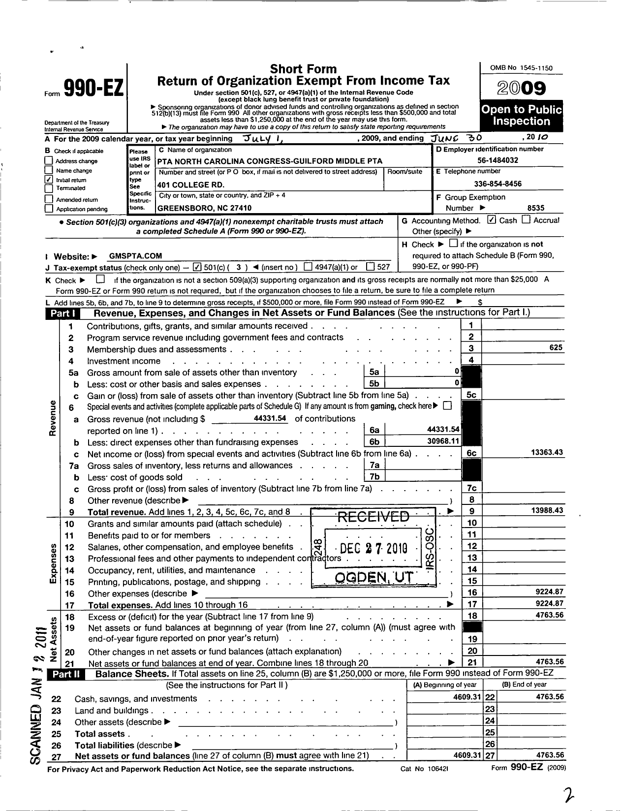 Image of first page of 2009 Form 990EZ for North Carolina PTA - Western Guilford Middle School PTA