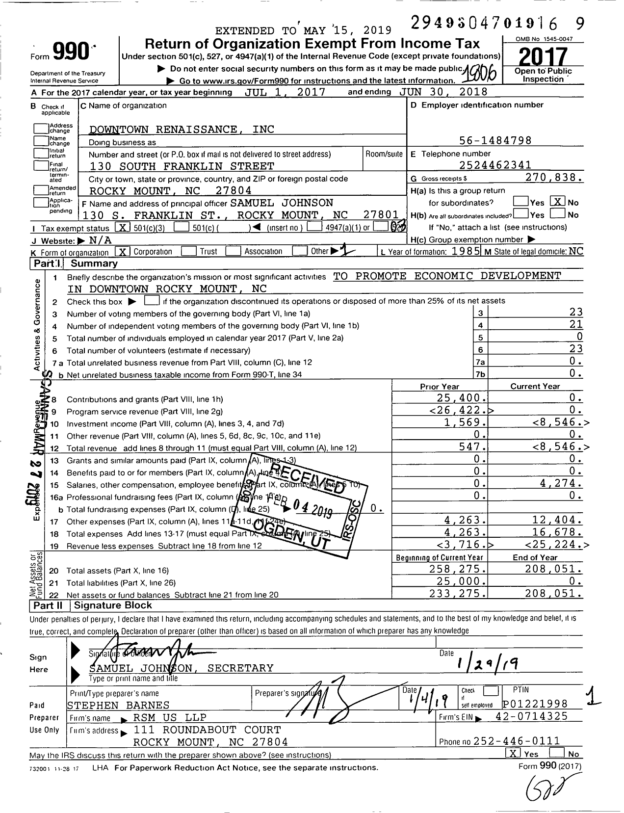 Image of first page of 2017 Form 990 for Downtown Renaissance