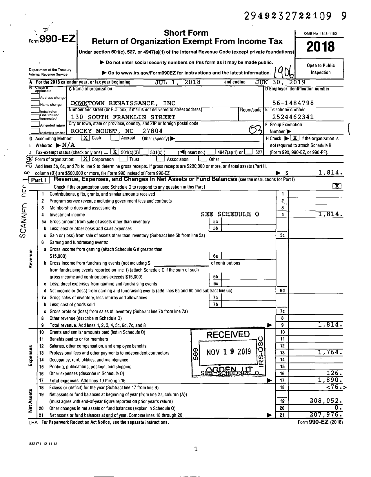 Image of first page of 2018 Form 990EZ for Downtown Renaissance