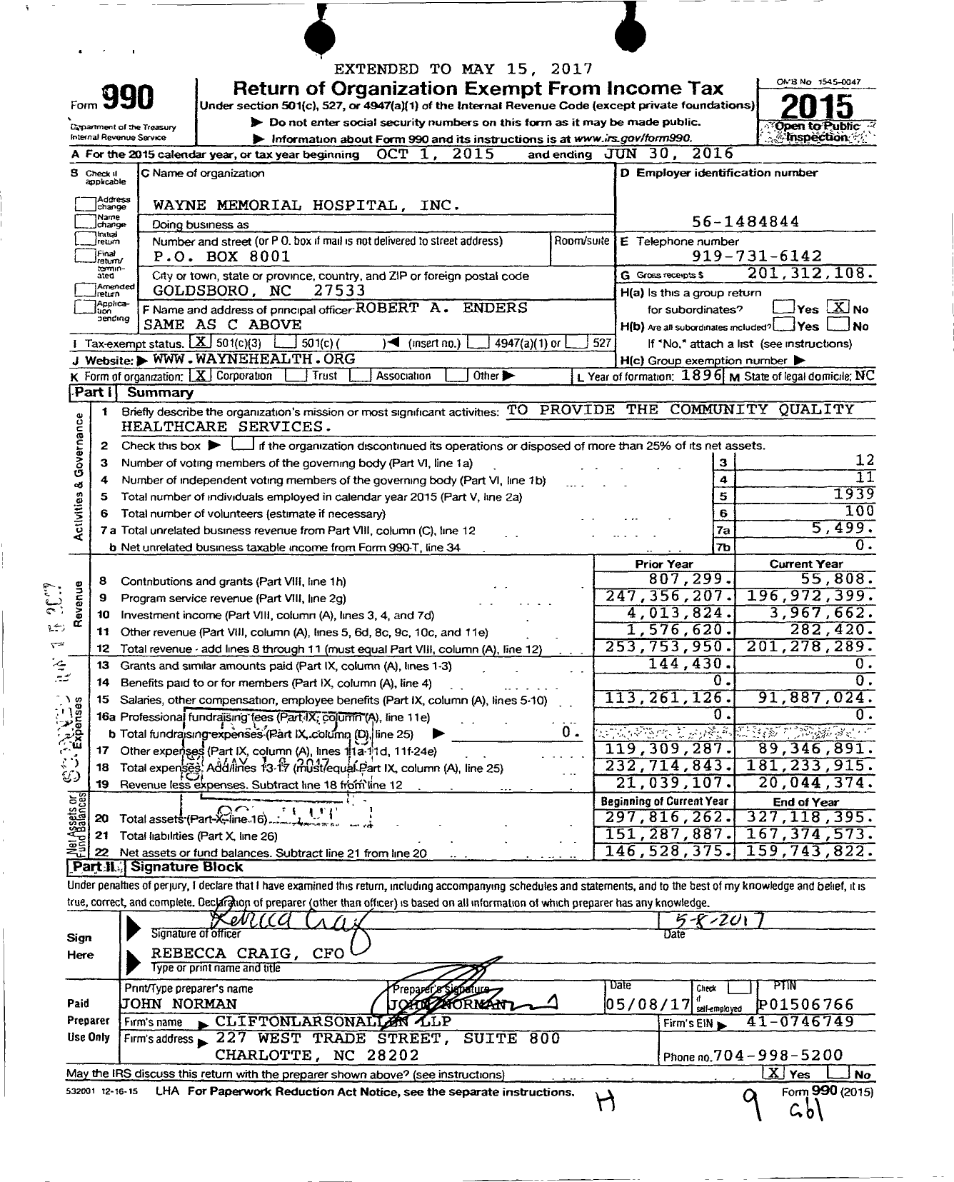 Image of first page of 2015 Form 990 for Wayne UNC Health Care