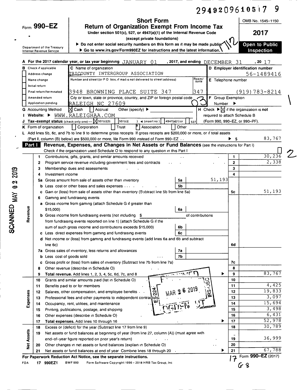 Image of first page of 2017 Form 990EZ for Tricounty Intergroup Association