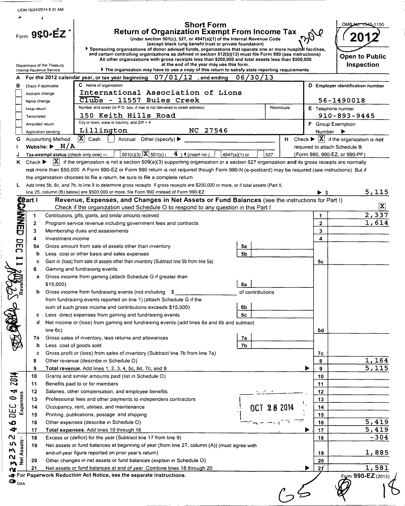 Image of first page of 2012 Form 990EO for Lions Clubs - 11557 Buies Creek