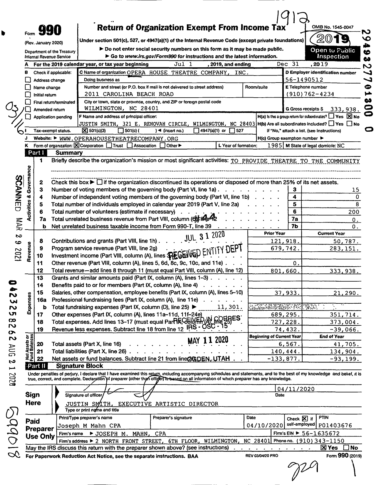 Image of first page of 2019 Form 990 for Opera House Theatre Company