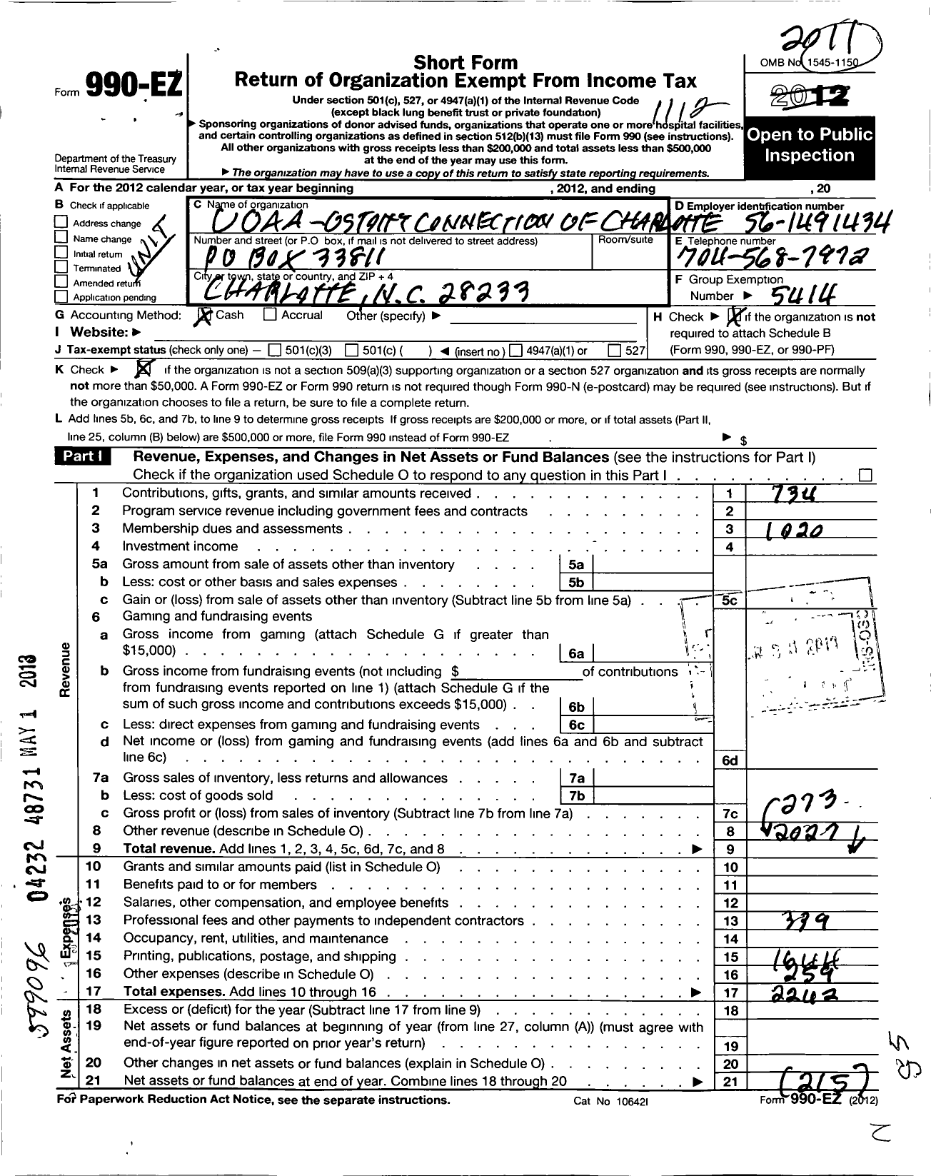 Image of first page of 2011 Form 990EO for United Ostomy Association of America / Ostomy Connection of Charlotte