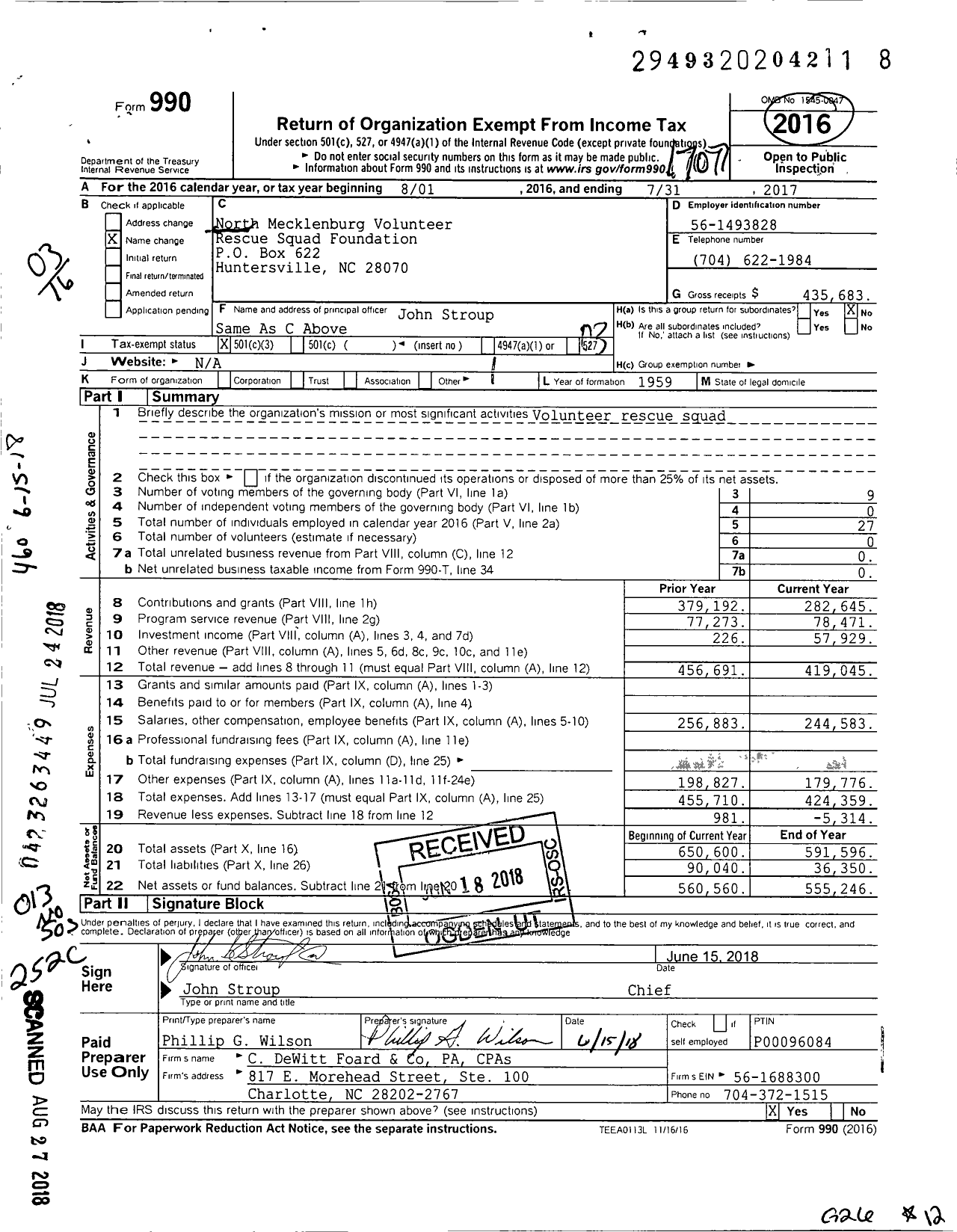 Image of first page of 2016 Form 990 for North Mecklenburg Volunteer Rescue Squad Foundation