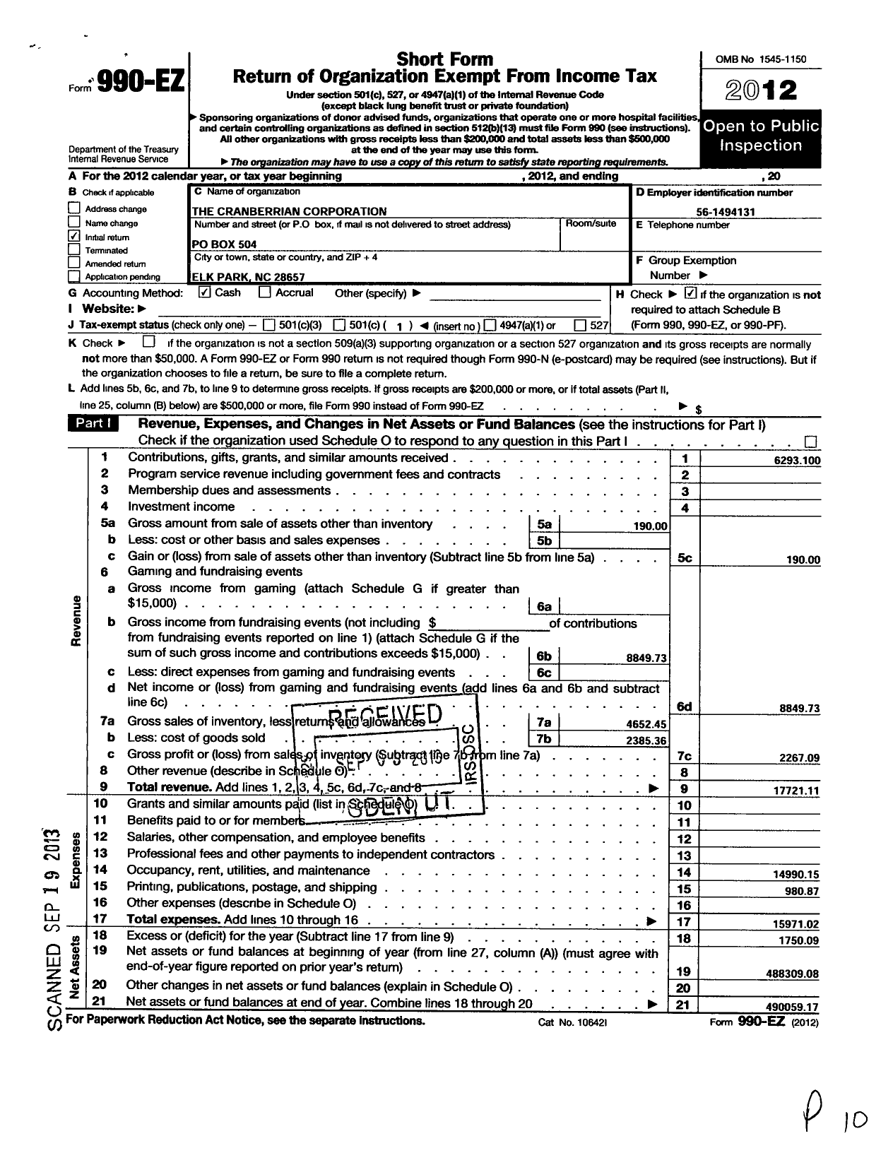 Image of first page of 2012 Form 990EO for The Cranberrian Corporation