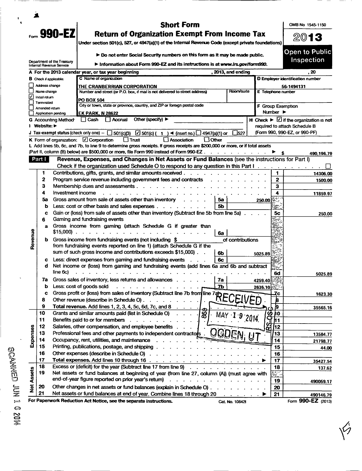 Image of first page of 2013 Form 990EO for The Cranberrian Corporation