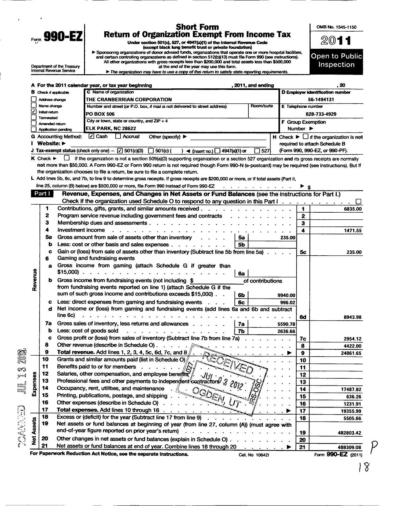 Image of first page of 2011 Form 990EZ for The Cranberrian Corporation