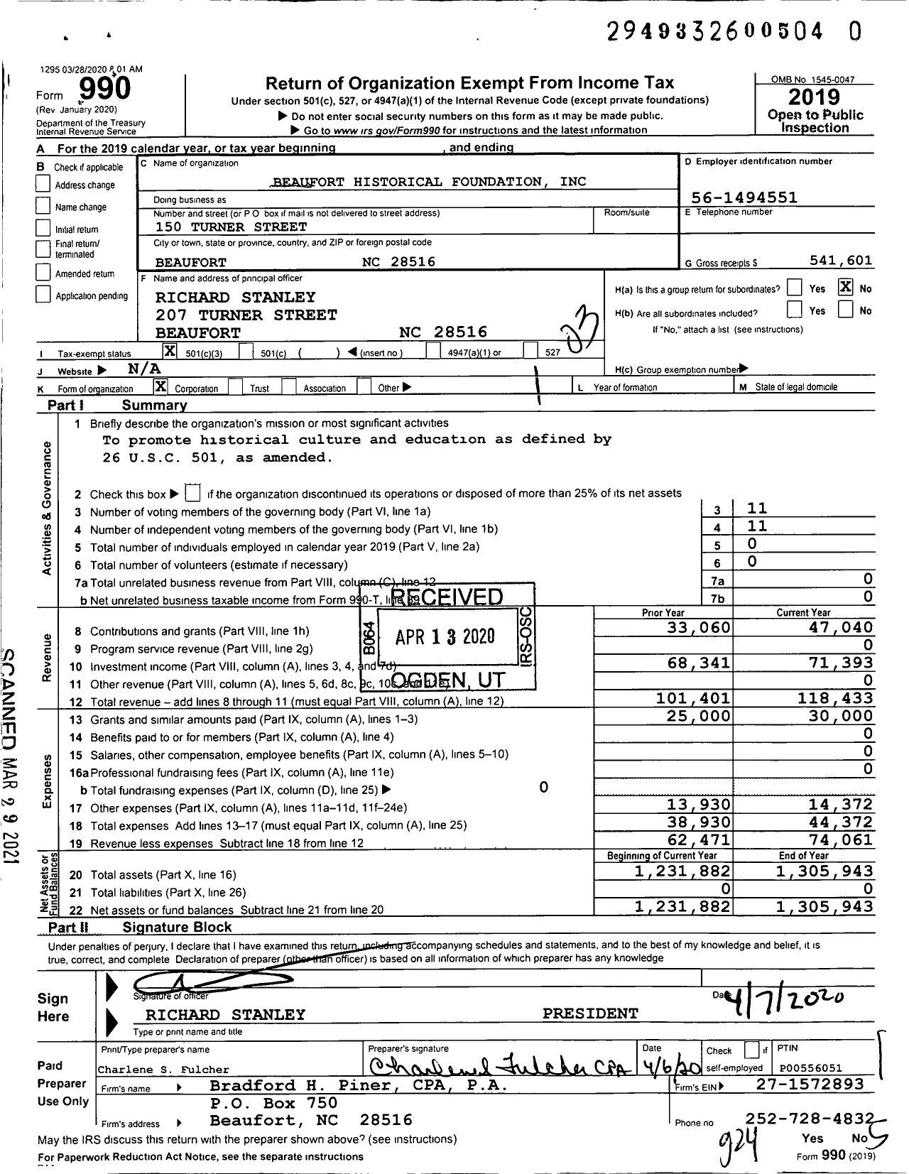 Image of first page of 2019 Form 990 for Beaufort Historical Foundation