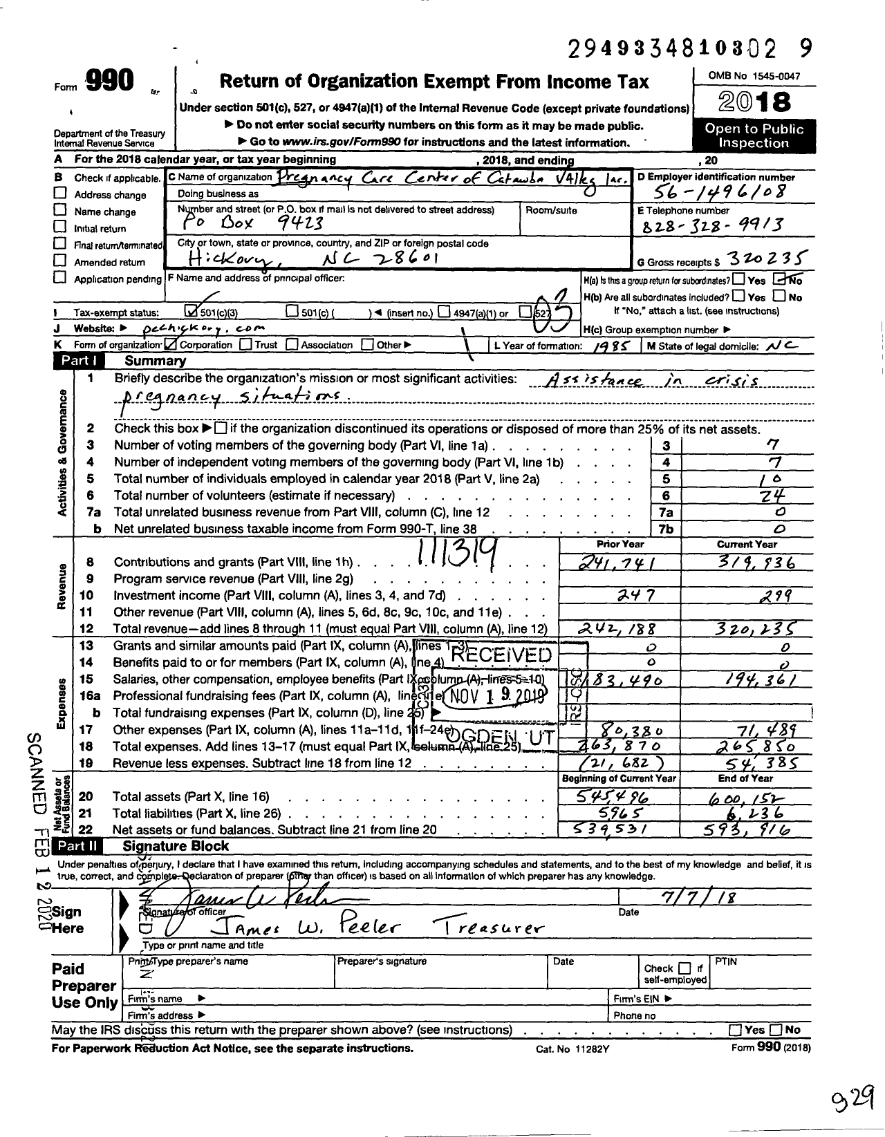 Image of first page of 2018 Form 990 for Pregnancy Care Center of Catawba Valley