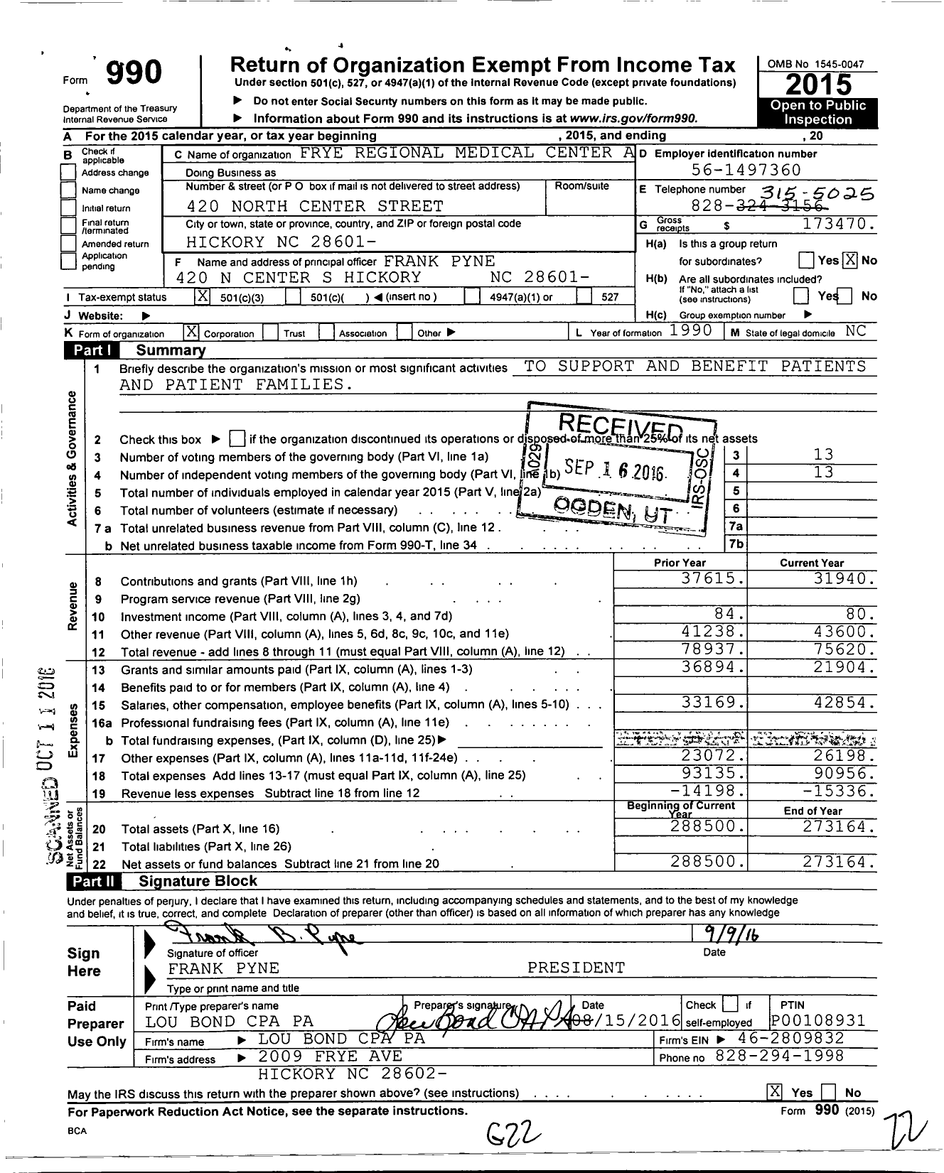 Image of first page of 2015 Form 990 for Frye Regional Medical Center Auxiliary