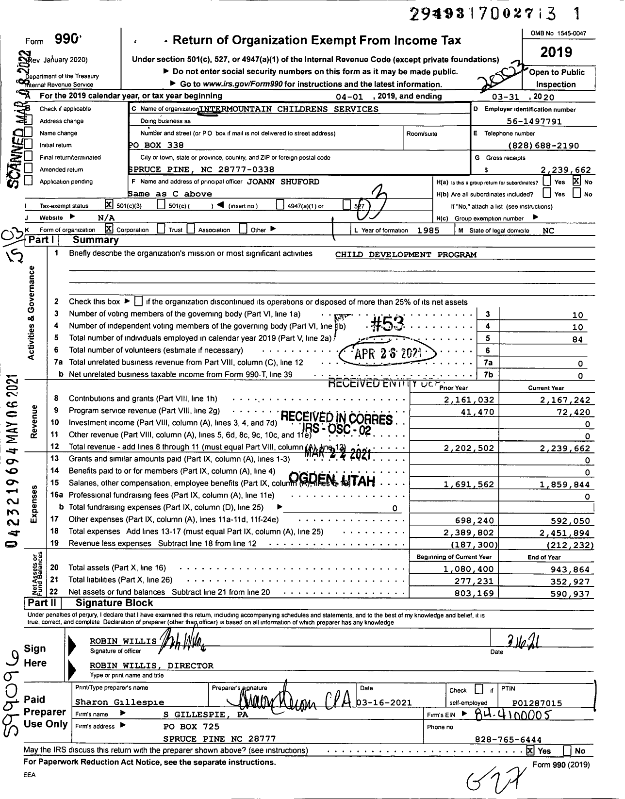 Image of first page of 2019 Form 990 for Intermountain Childrens Services