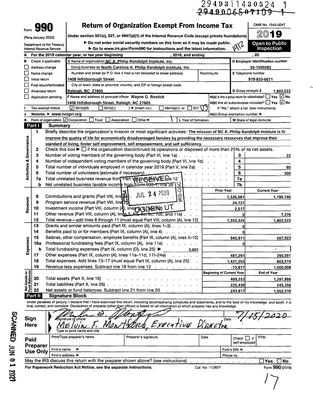 Image of first page of 2019 Form 990 for North Carolina A Philip Randolph Institute