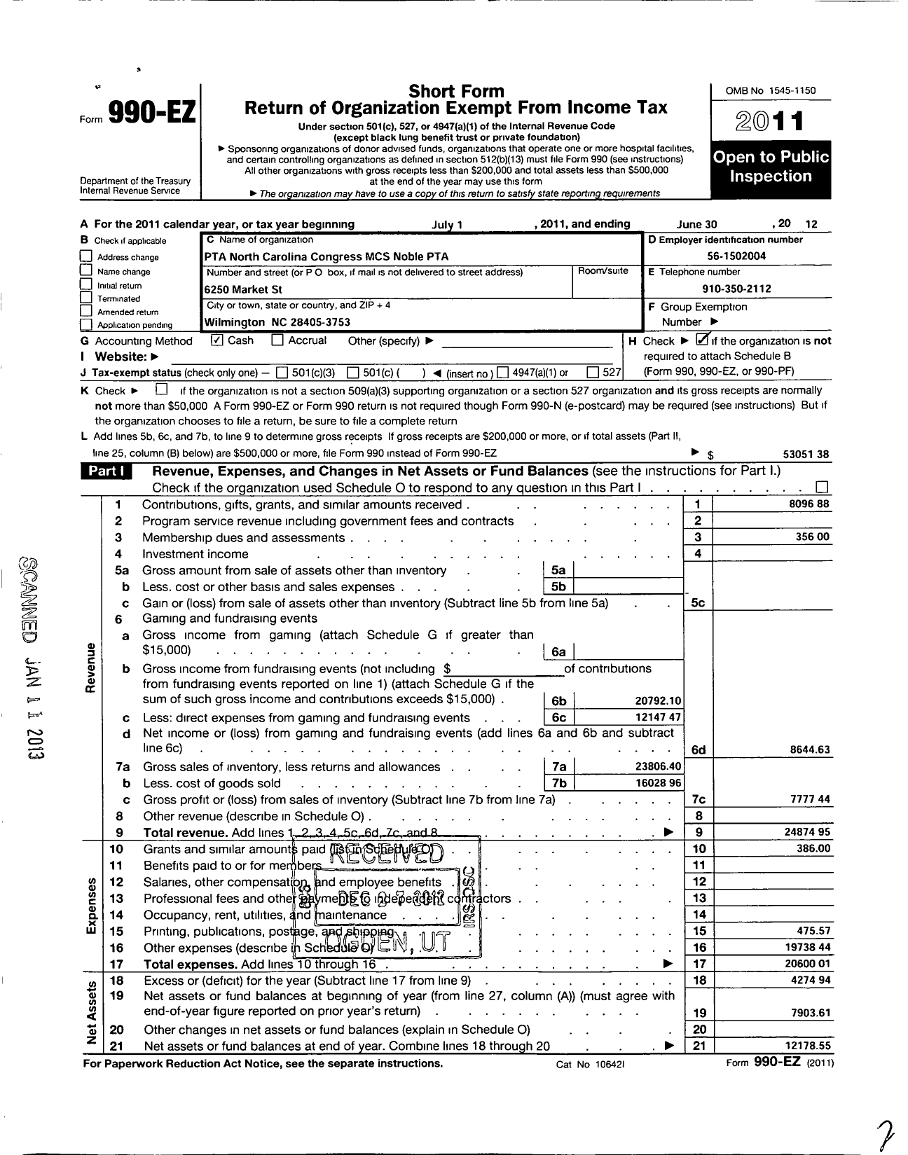 Image of first page of 2011 Form 990EO for North Carolina PTA - M C S Noble Middle School PTA