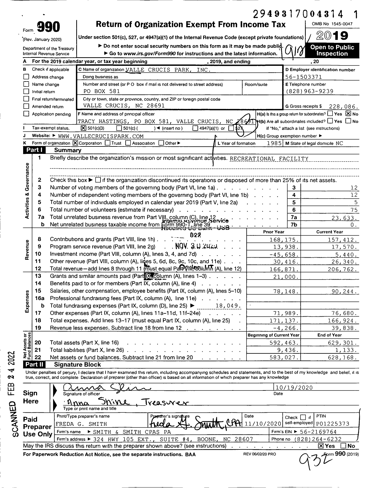 Image of first page of 2019 Form 990 for Valle Crucis Park