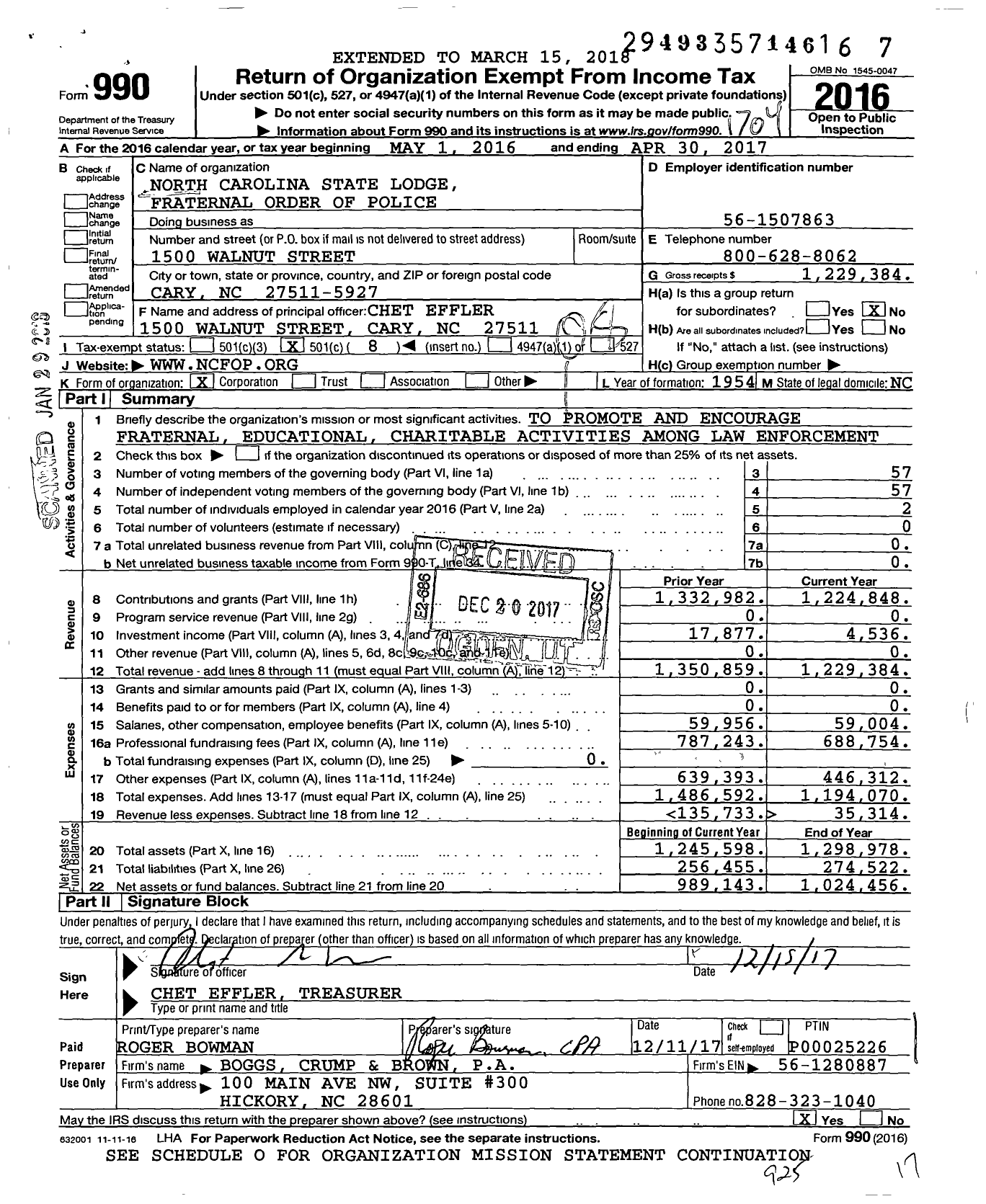 Image of first page of 2016 Form 990O for Fraternal Order of Police - North Carolina State Lodge