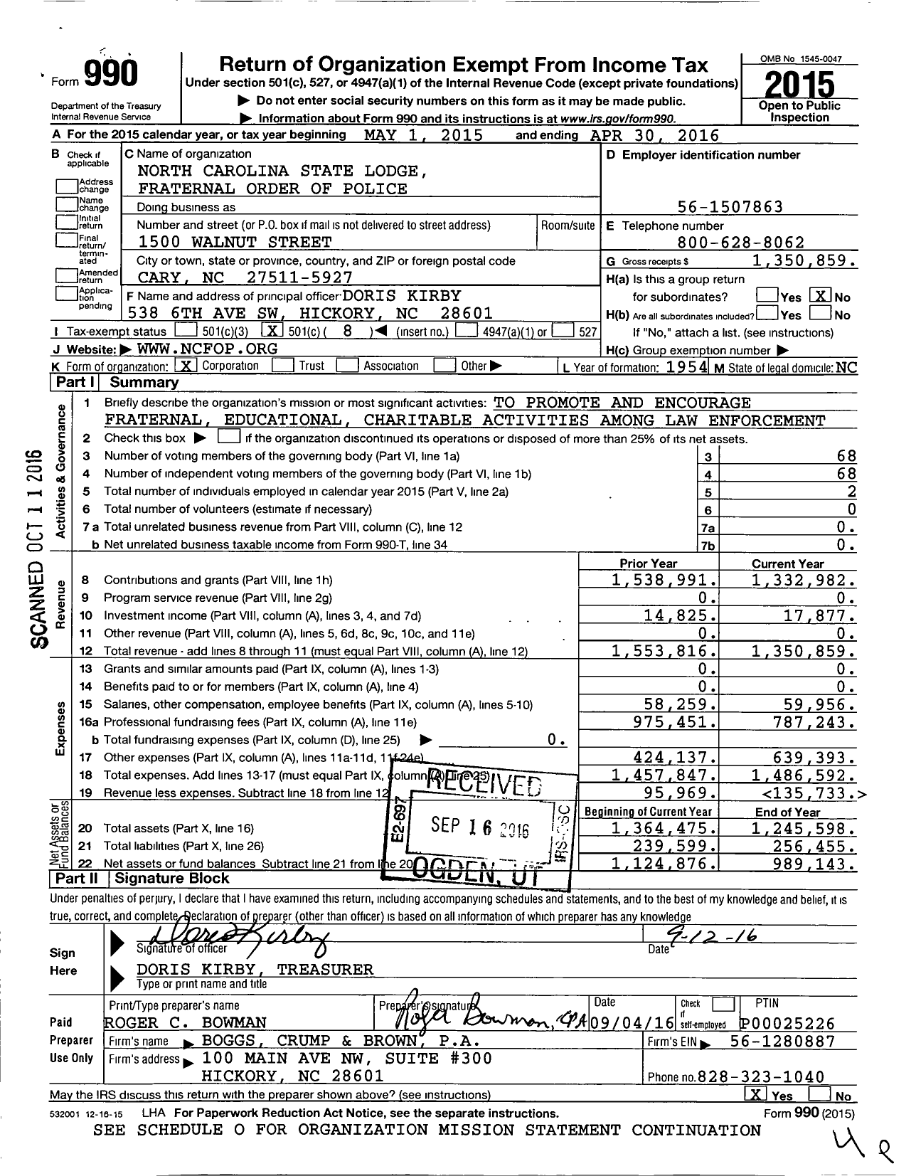 Image of first page of 2015 Form 990O for Fraternal Order of Police - North Carolina State Lodge