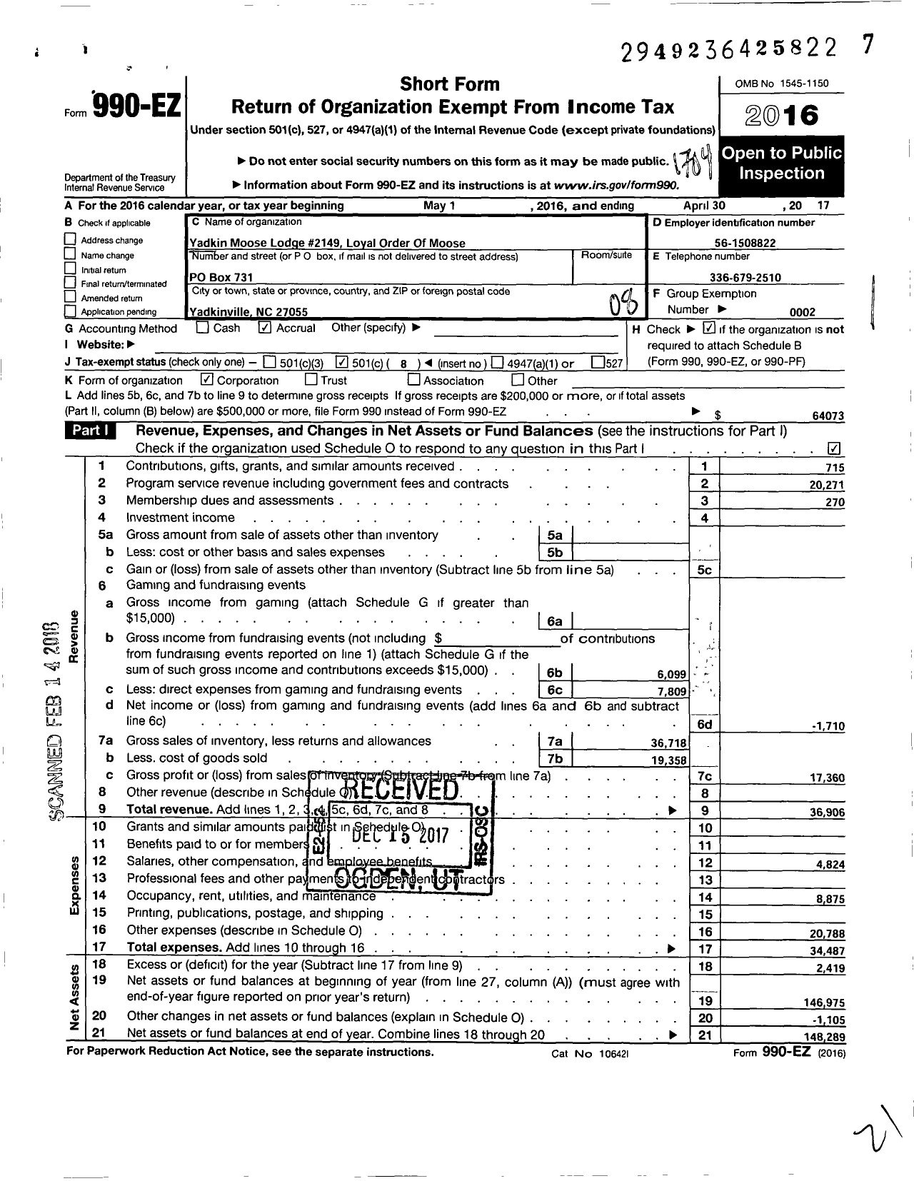 Image of first page of 2016 Form 990EO for Loyal Order of Moose - 2149