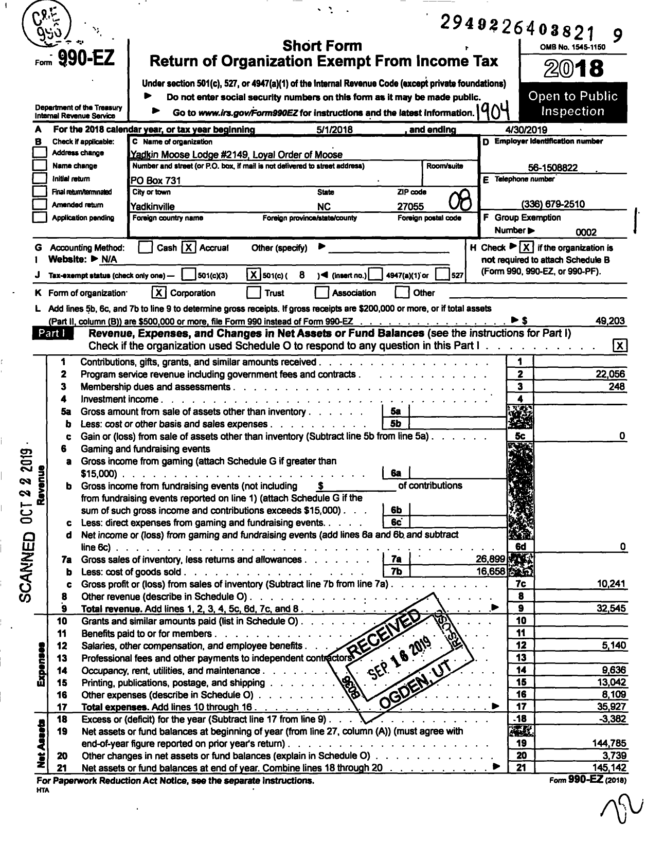 Image of first page of 2018 Form 990EO for Loyal Order of Moose - 2149