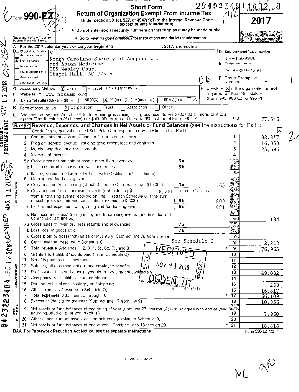 Image of first page of 2017 Form 990EO for North Carolina Society of Acupuncture and Asian Me