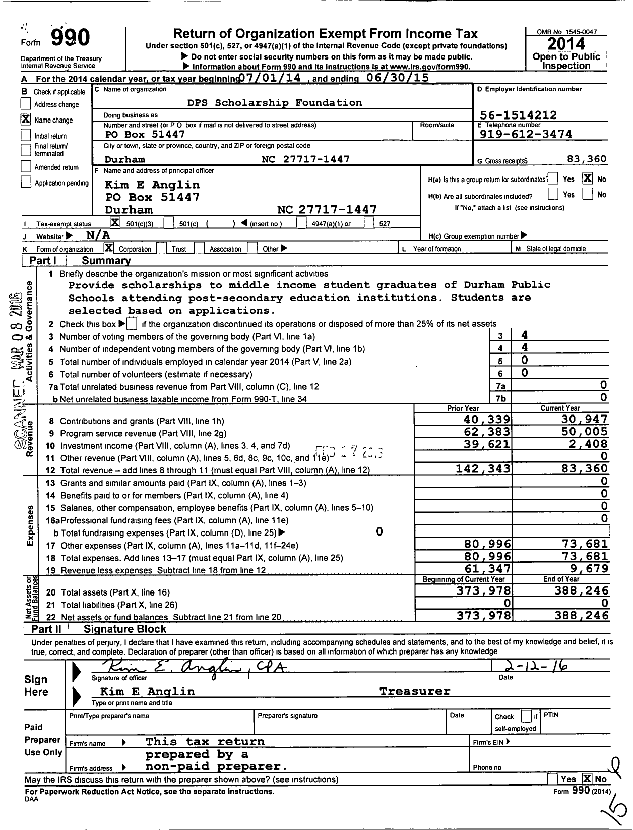 Image of first page of 2014 Form 990 for DPS Scholarship Foundation