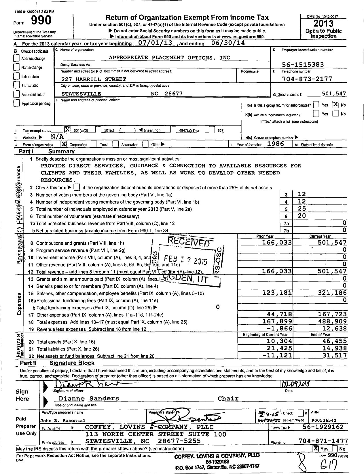 Image of first page of 2013 Form 990 for Appropriate Placement Options