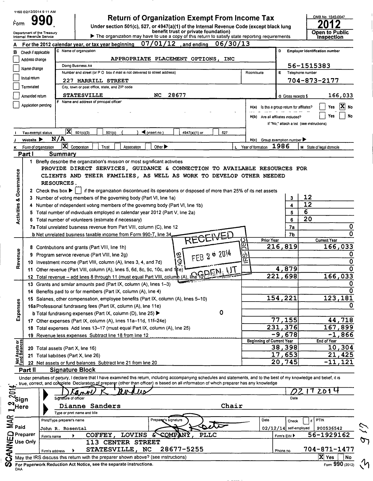 Image of first page of 2012 Form 990 for Appropriate Placement Options