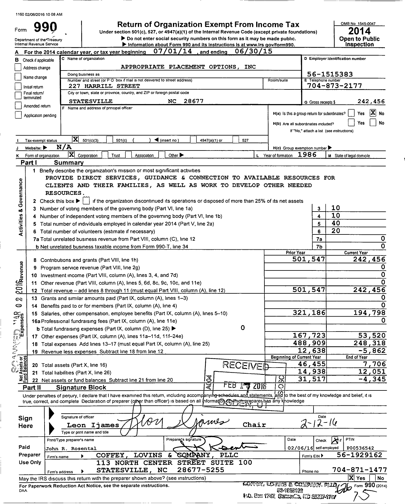 Image of first page of 2014 Form 990 for Appropriate Placement Options