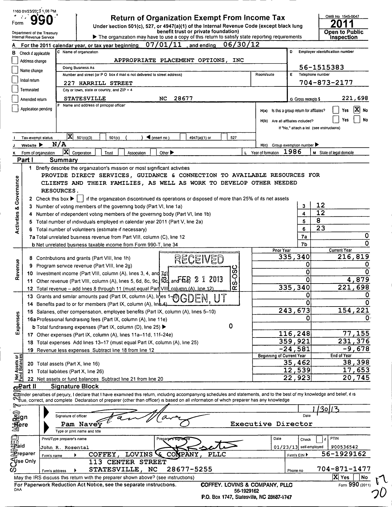 Image of first page of 2011 Form 990 for Appropriate Placement Options