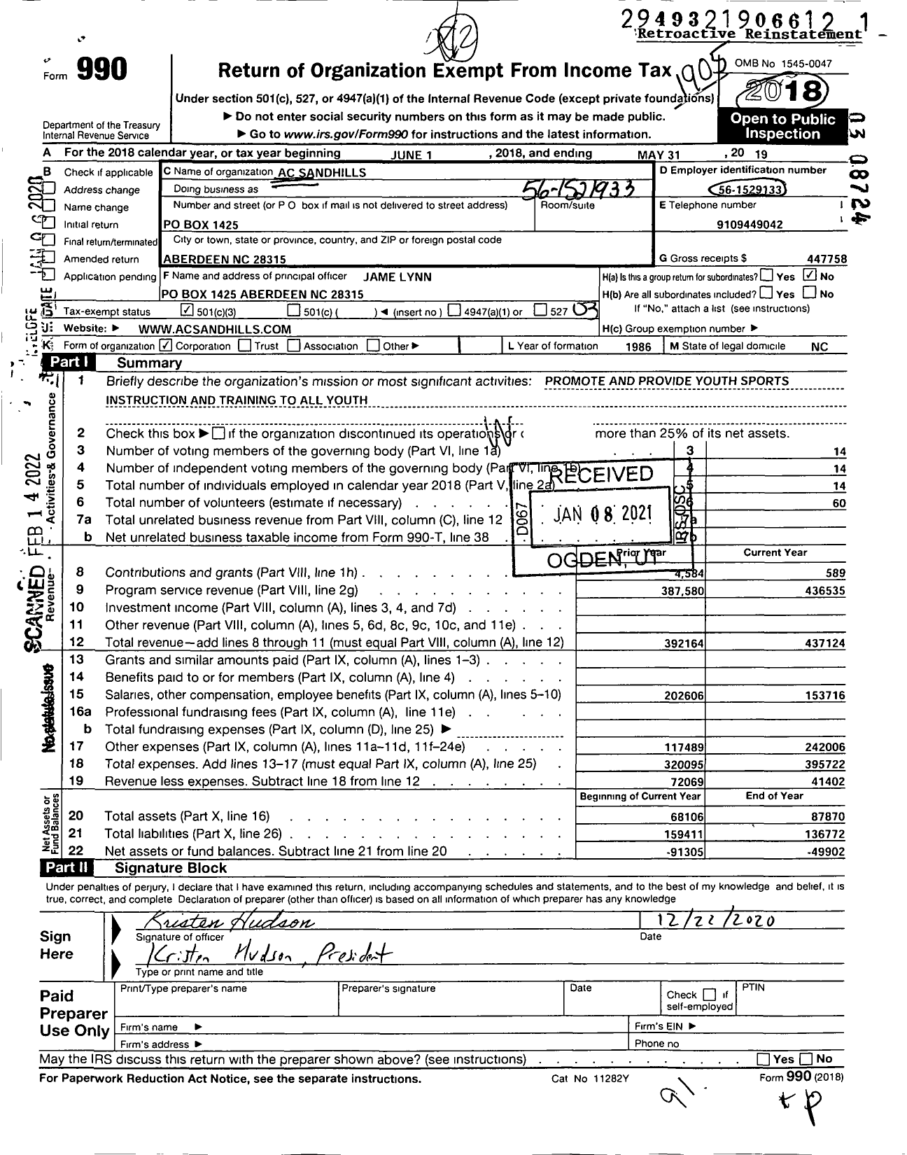 Image of first page of 2018 Form 990 for AC Sandhills ACS