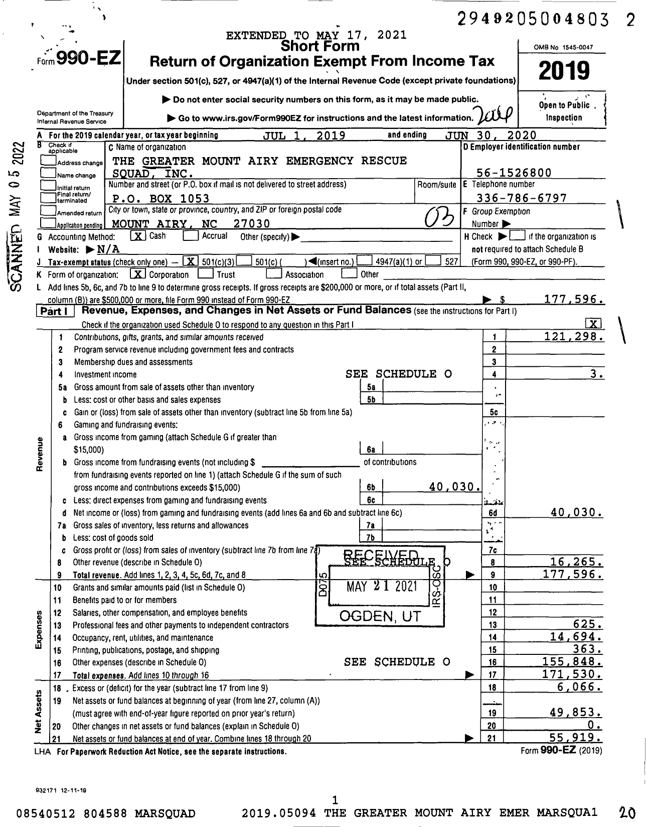 Image of first page of 2019 Form 990EZ for The Greater Mount Airy Emergency Rescue Squad