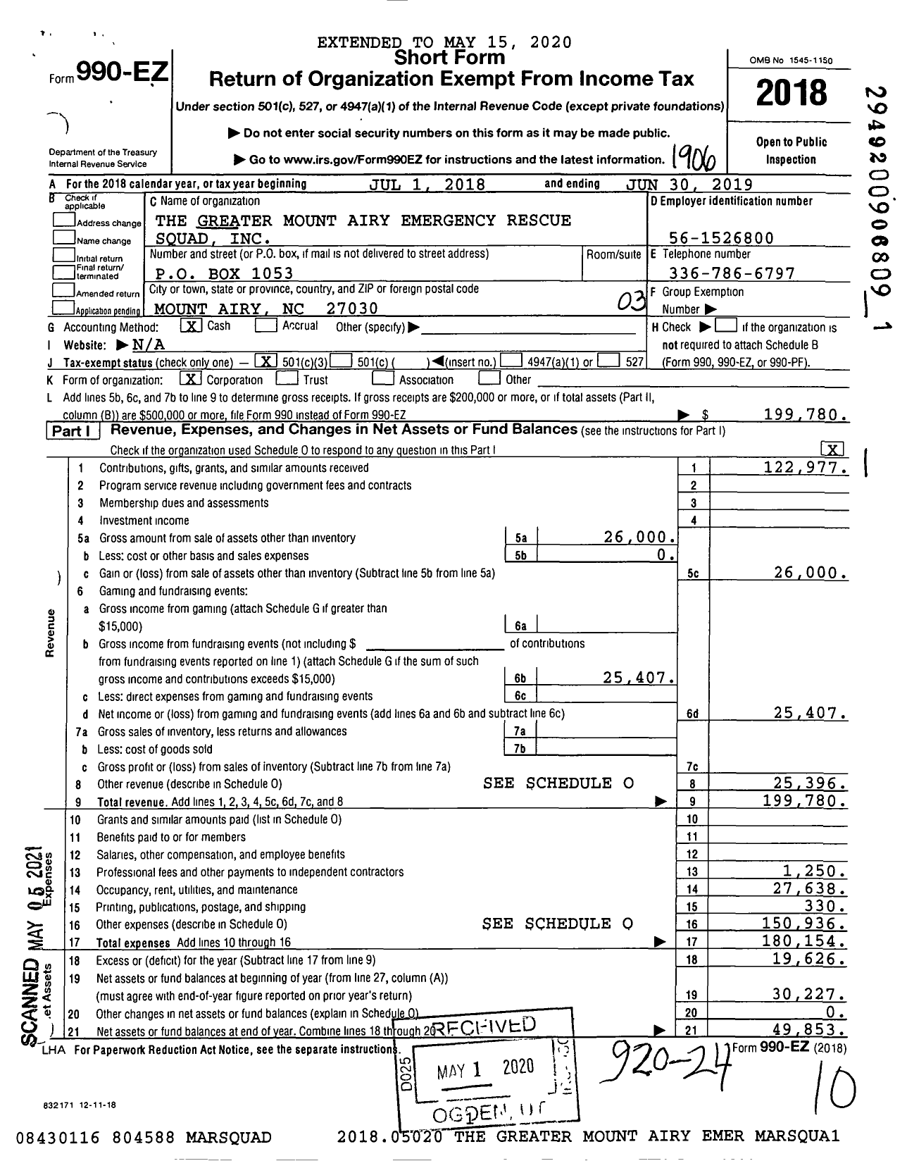 Image of first page of 2018 Form 990EZ for The Greater Mount Airy Emergency Rescue Squad