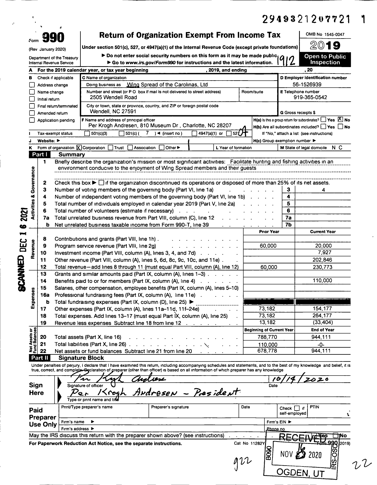 Image of first page of 2019 Form 990O for Wing Spread of the Carolinas