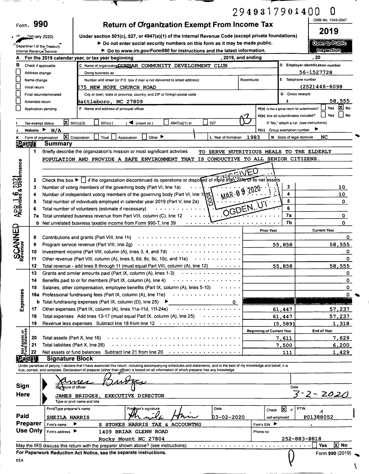 Image of first page of 2019 Form 990 for Dunbar Community Development Club