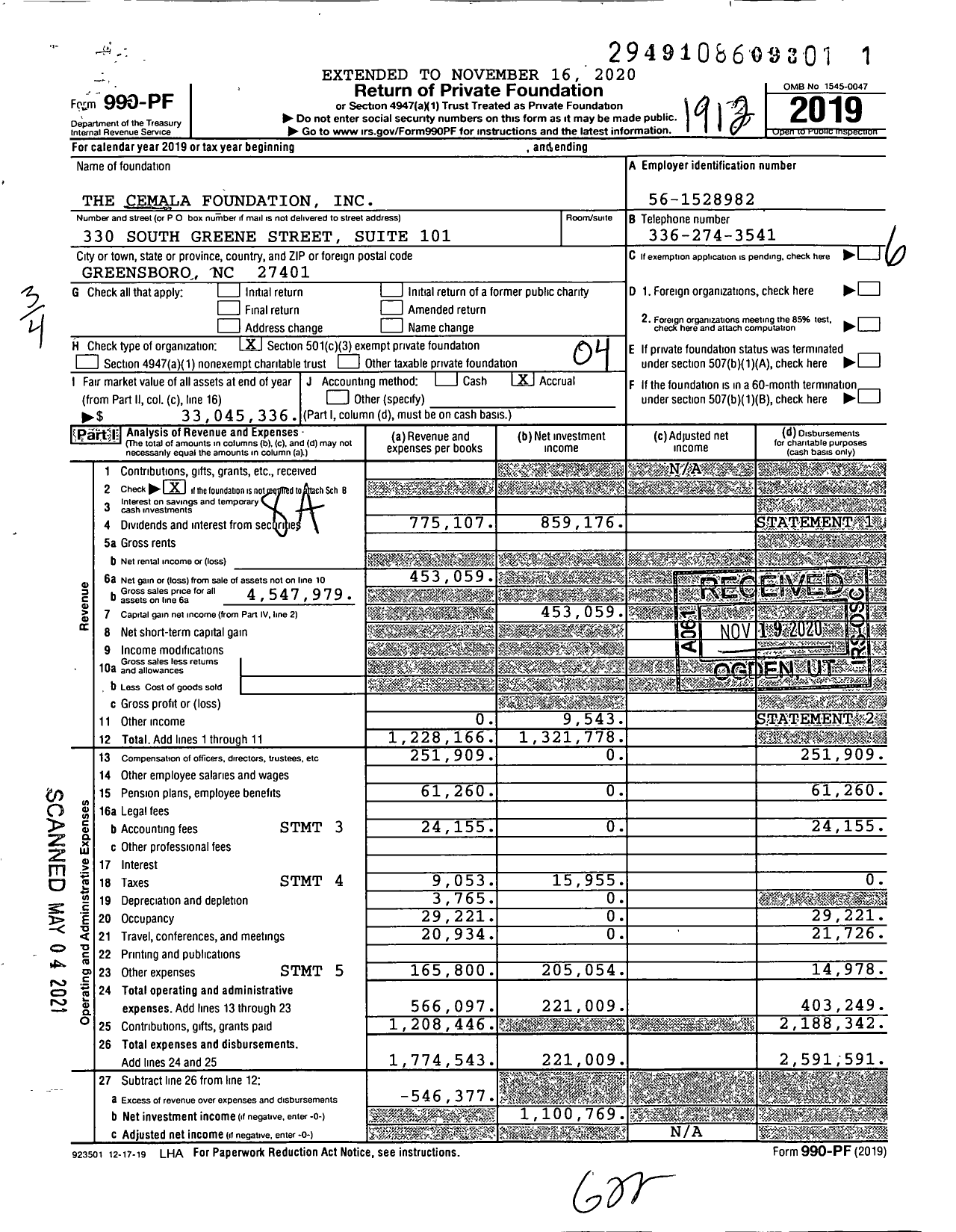 Image of first page of 2019 Form 990PF for The Cemala Foundation