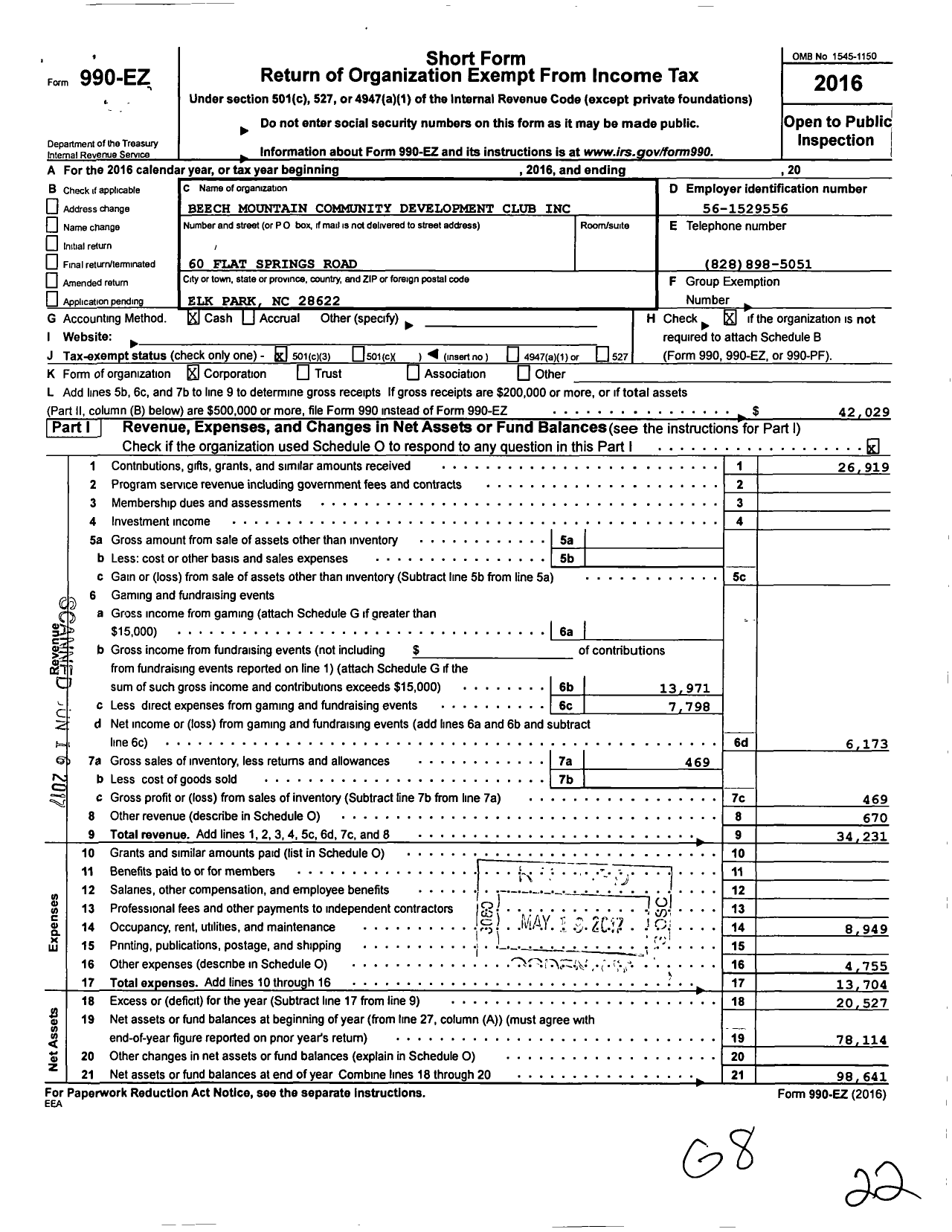 Image of first page of 2016 Form 990EZ for The Beech Mountain Community Development Club