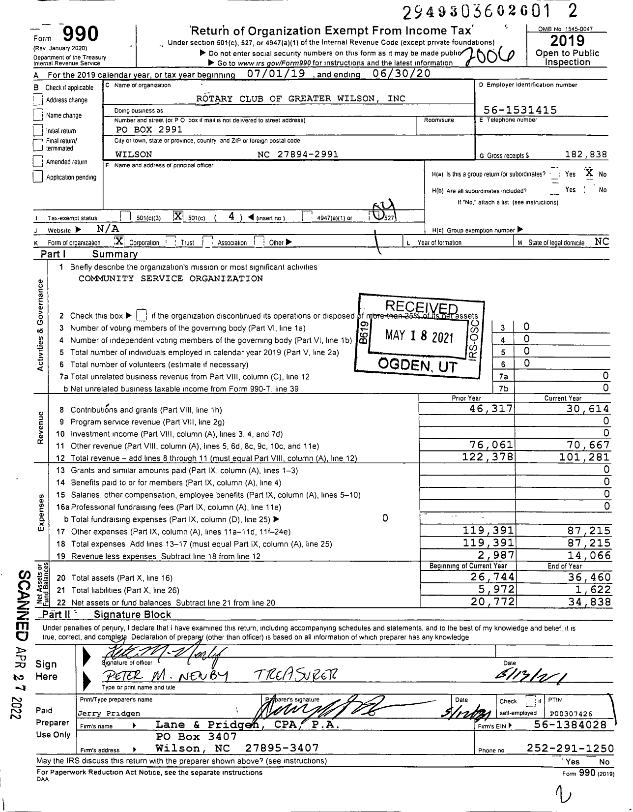 Image of first page of 2019 Form 990O for Rotary International - Greater Wilson Rotary Club