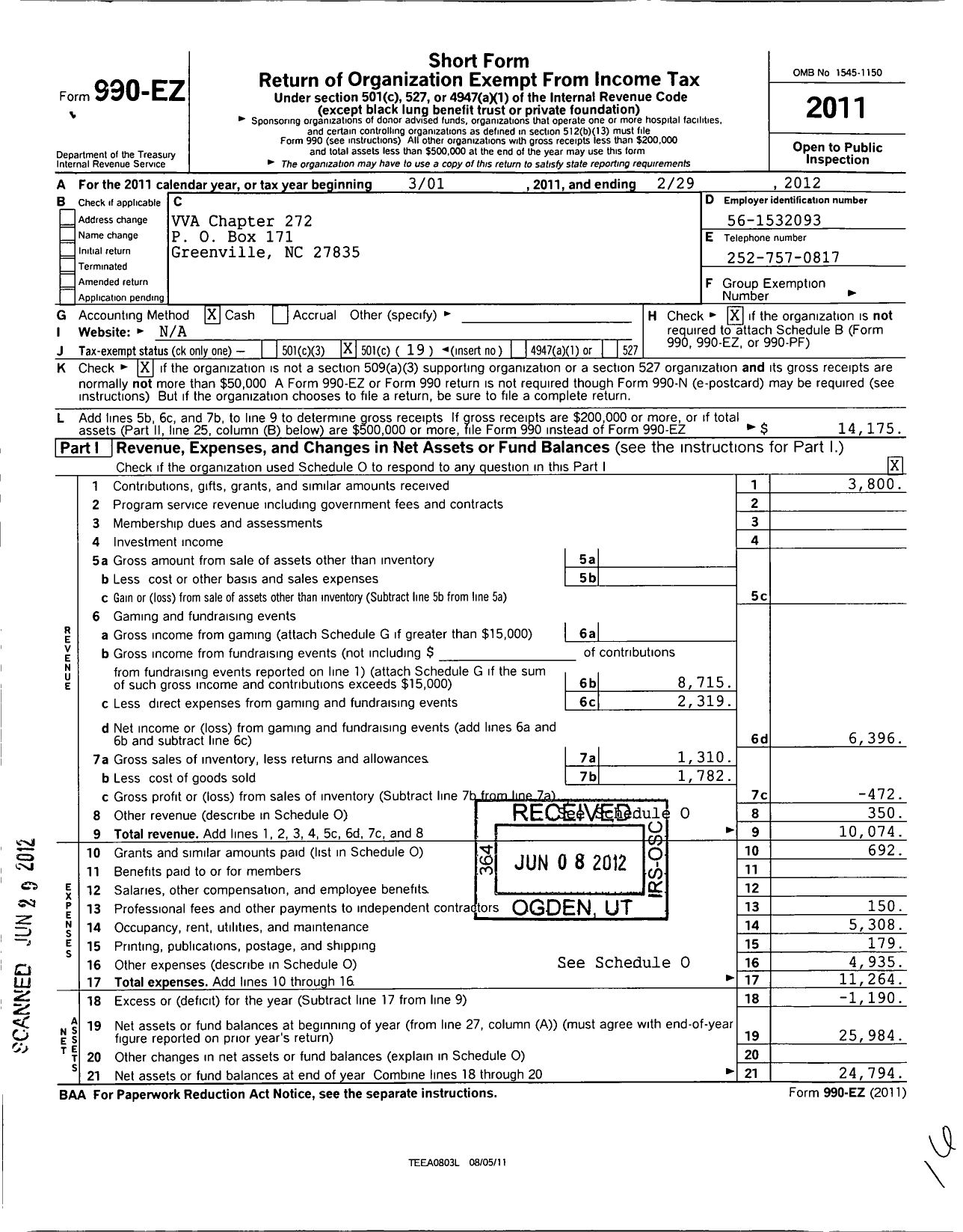 Image of first page of 2011 Form 990EO for Vietnam Veterans of America - 272 George F Semick Chapter