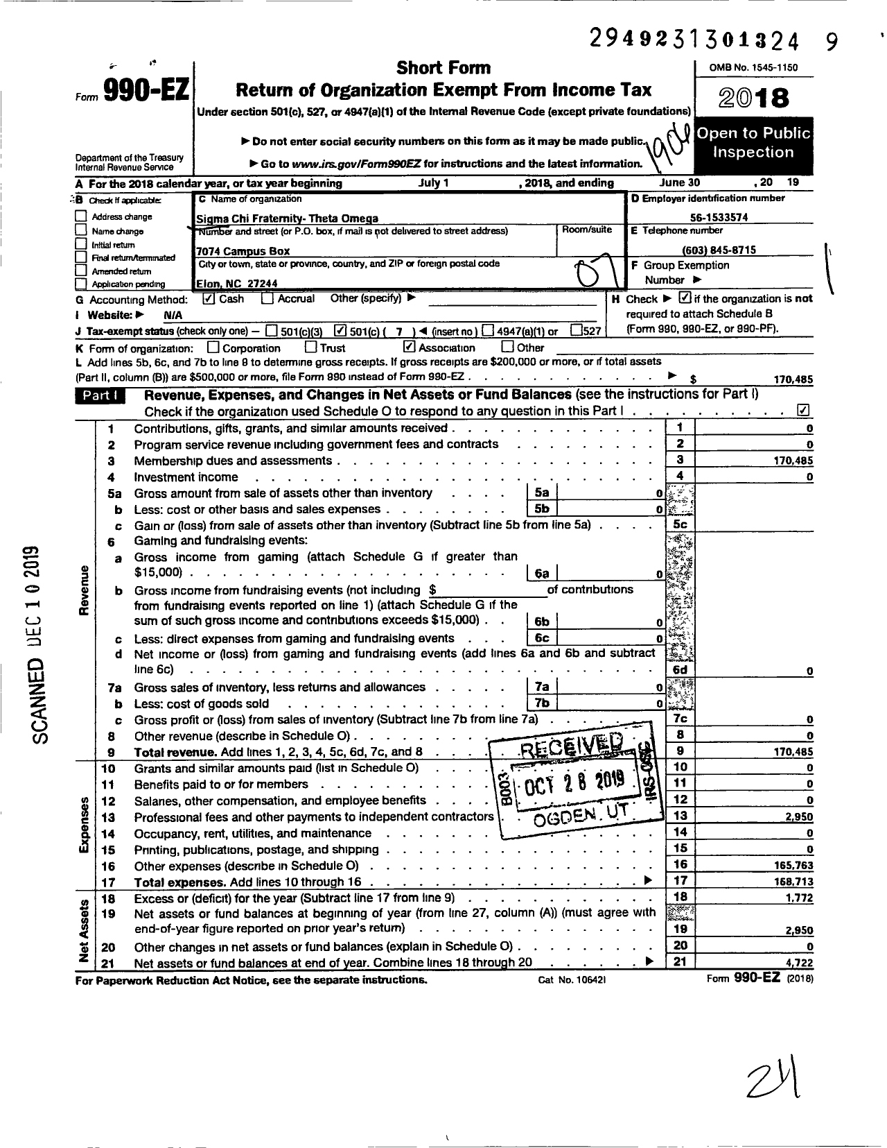 Image of first page of 2018 Form 990EO for Sigma Chi Fraternity - Theta Omega Chap Elon Univ