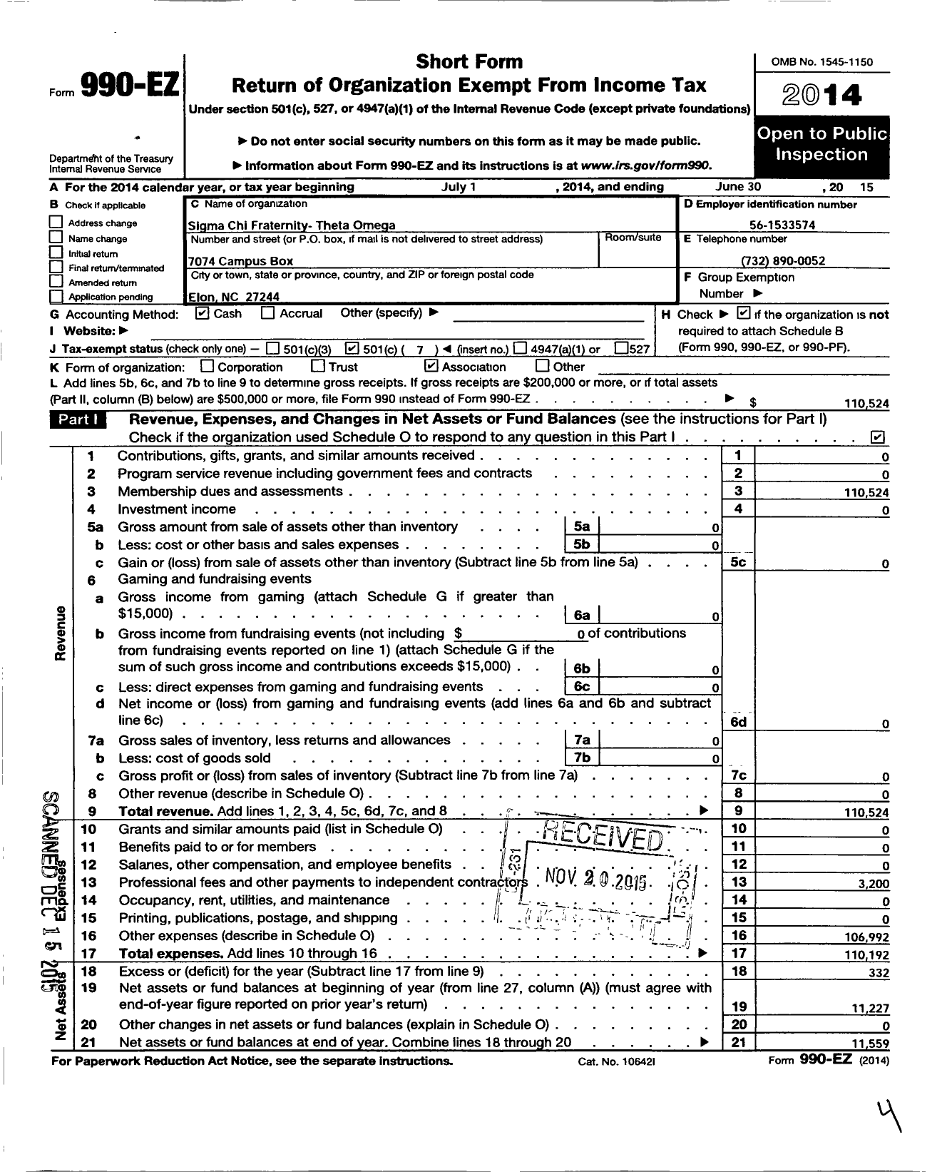 Image of first page of 2014 Form 990EO for Sigma Chi Fraternity - Theta Omega Chap Elon Univ