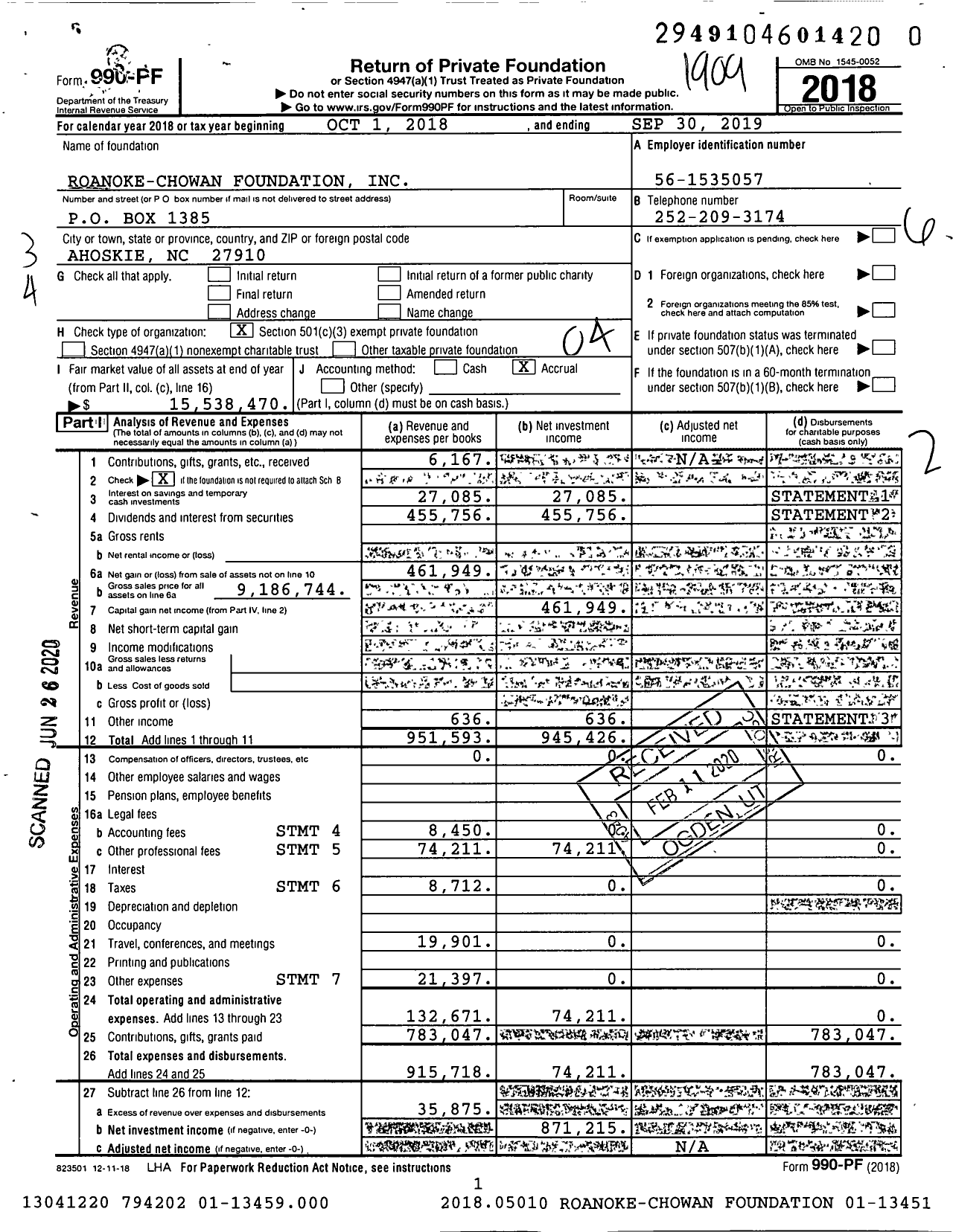 Image of first page of 2018 Form 990PR for Roanoke-Chowan Foundation