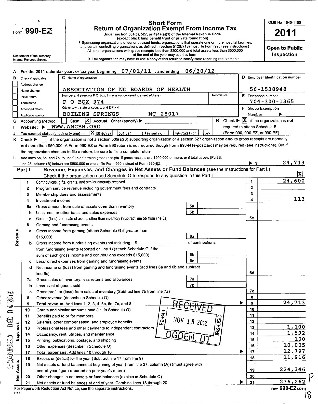 Image of first page of 2011 Form 990EZ for Association of North Carolina Boards of Health