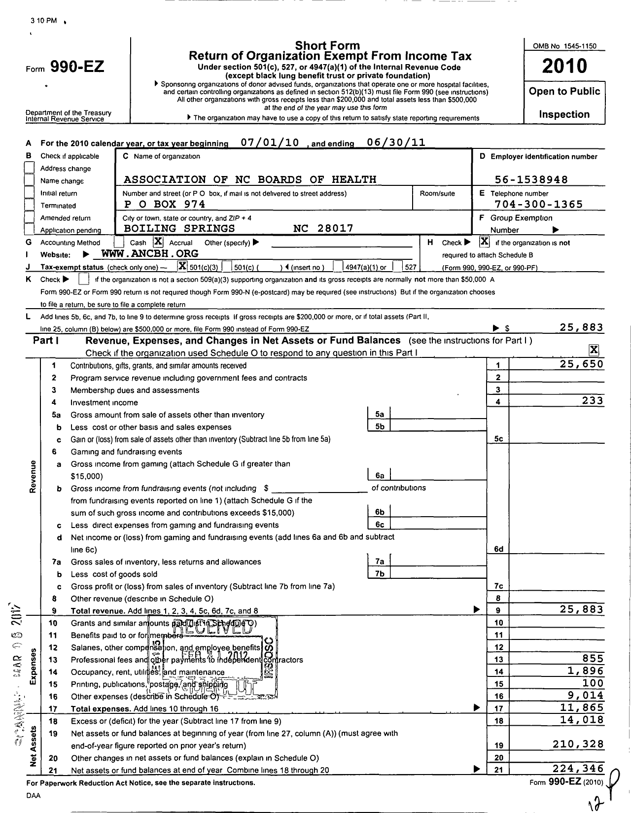 Image of first page of 2010 Form 990EZ for Association of North Carolina Boards of Health