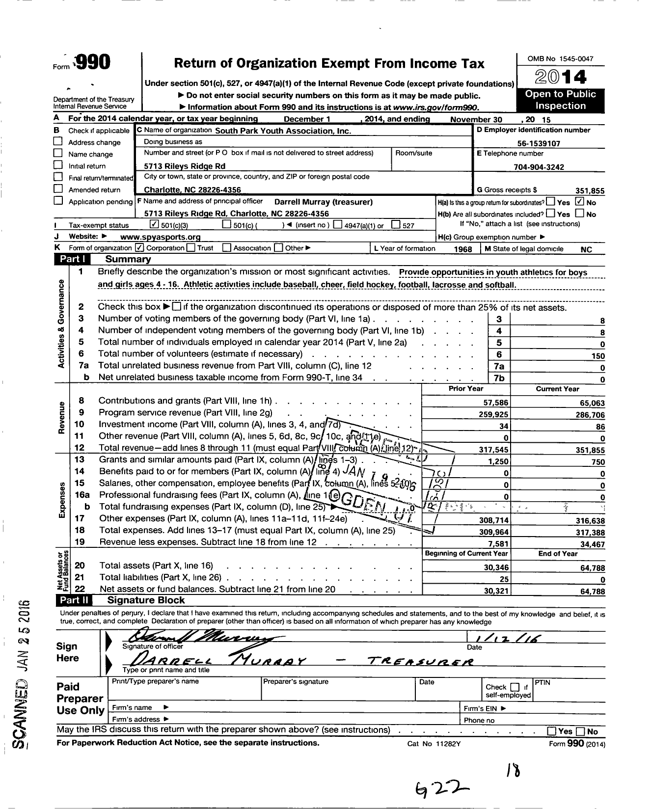 Image of first page of 2014 Form 990 for South Park Youth Association