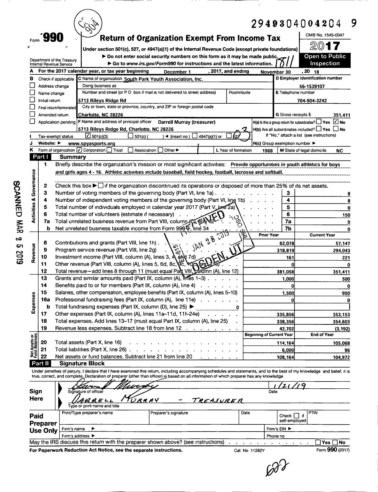 Image of first page of 2017 Form 990 for South Park Youth Association