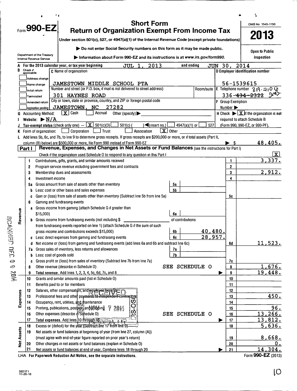 Image of first page of 2013 Form 990EZ for North Carolina PTA - Jamestown Middle School PTA