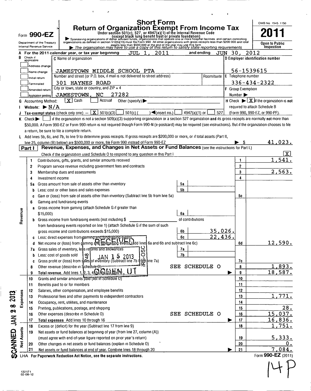 Image of first page of 2011 Form 990EZ for North Carolina PTA - Jamestown Middle School PTA