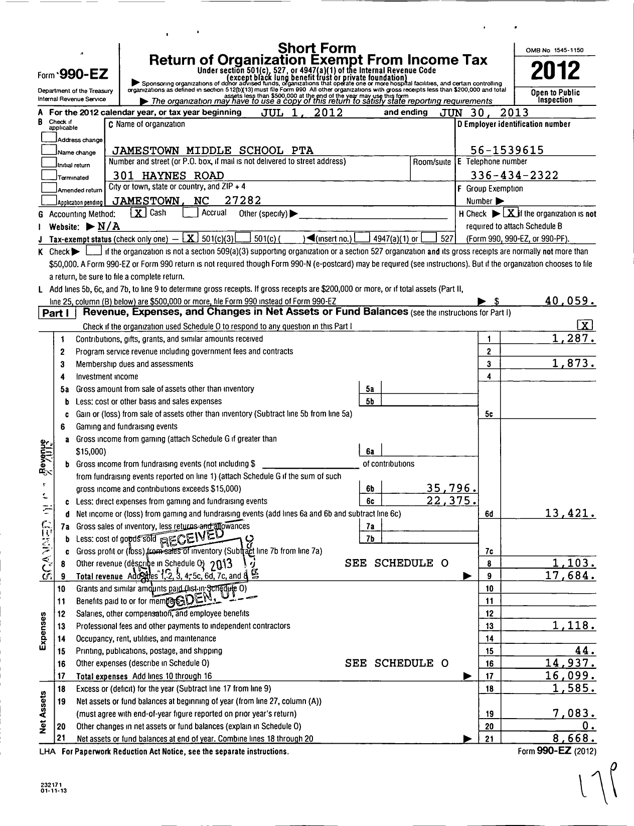 Image of first page of 2012 Form 990EZ for North Carolina PTA - Jamestown Middle School PTA