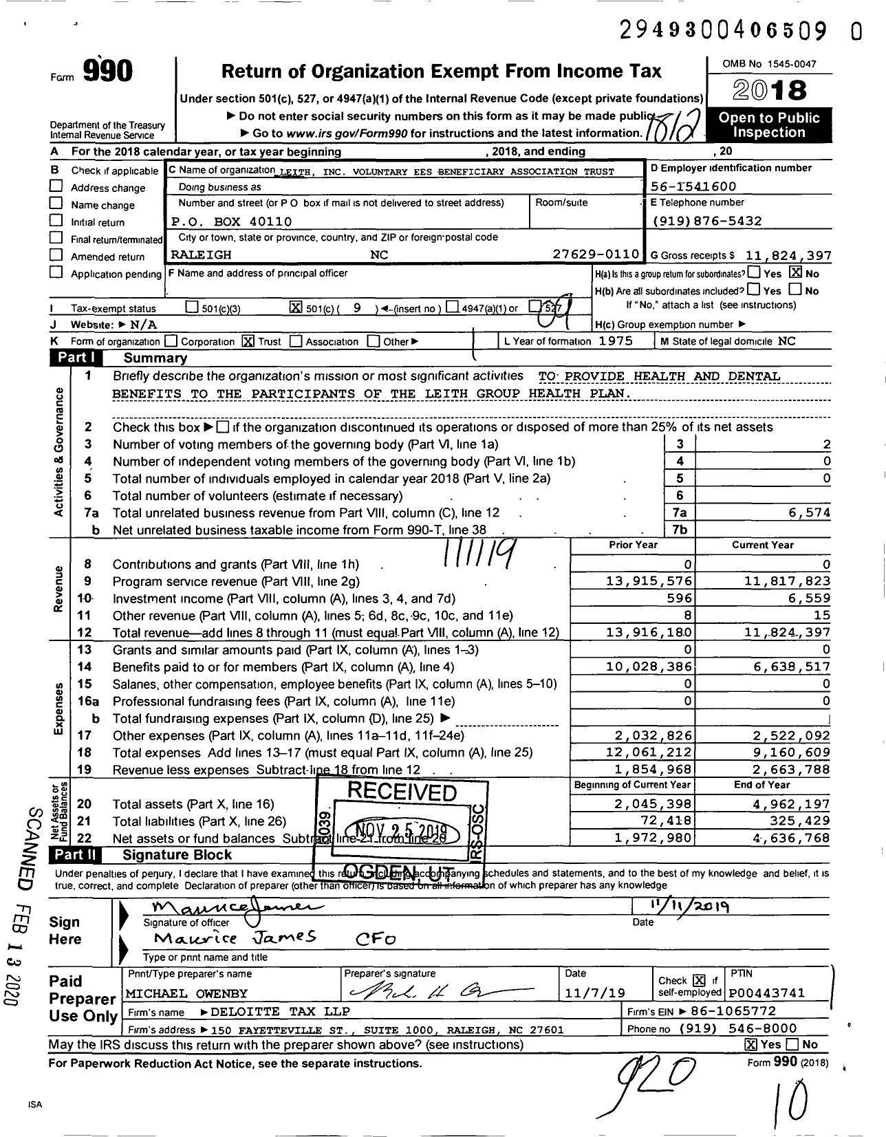 Image of first page of 2018 Form 990O for Leith Voluntary Ees Beneficiary Association Trust